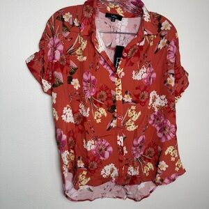Lulu's Red Floral Button Down Shirt Blouse collared top New‎